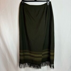Valerie Stevens Skirt Women’s 14P – Green Fringed Midi Wrap-Look | 100% Wool